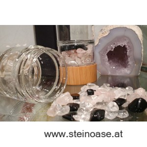 Glasflasche mit  Rosenquarz + Schörl + Bergkristall